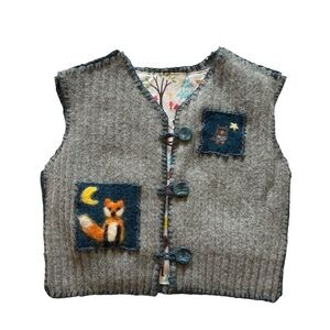 Handmade Gray Vest with Fox and Owl Patches